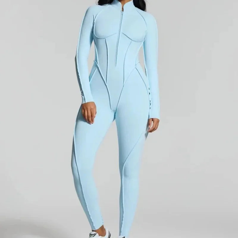 FUBEIKE Women's Jumpsuit Fashion Sexy Slim Fit Hollow Out Long Sleeve Zipper Sports Gym Workout Legging Bodysuits Activewear