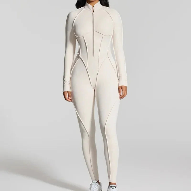 FUBEIKE Women's Jumpsuit Fashion Sexy Slim Fit Hollow Out Long Sleeve Zipper Sports Gym Workout Legging Bodysuits Activewear