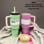 40oz Stainless Steel Tumbler with Handle Straw Double-Wall Vacuum Flask Thermos Car Travel Mug Hot And Cold Insulated Drinkware