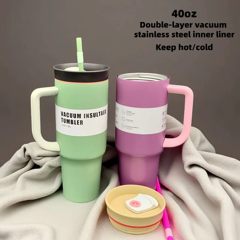 40oz Stainless Steel Tumbler with Handle Straw Double-Wall Vacuum Flask Thermos Car Travel Mug Hot And Cold Insulated Drinkware