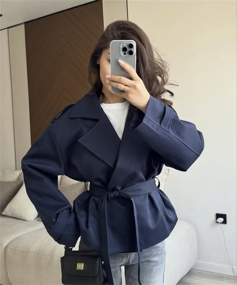VYRENA Belted Trench Coat | Women's Lapel Button Short Jacket