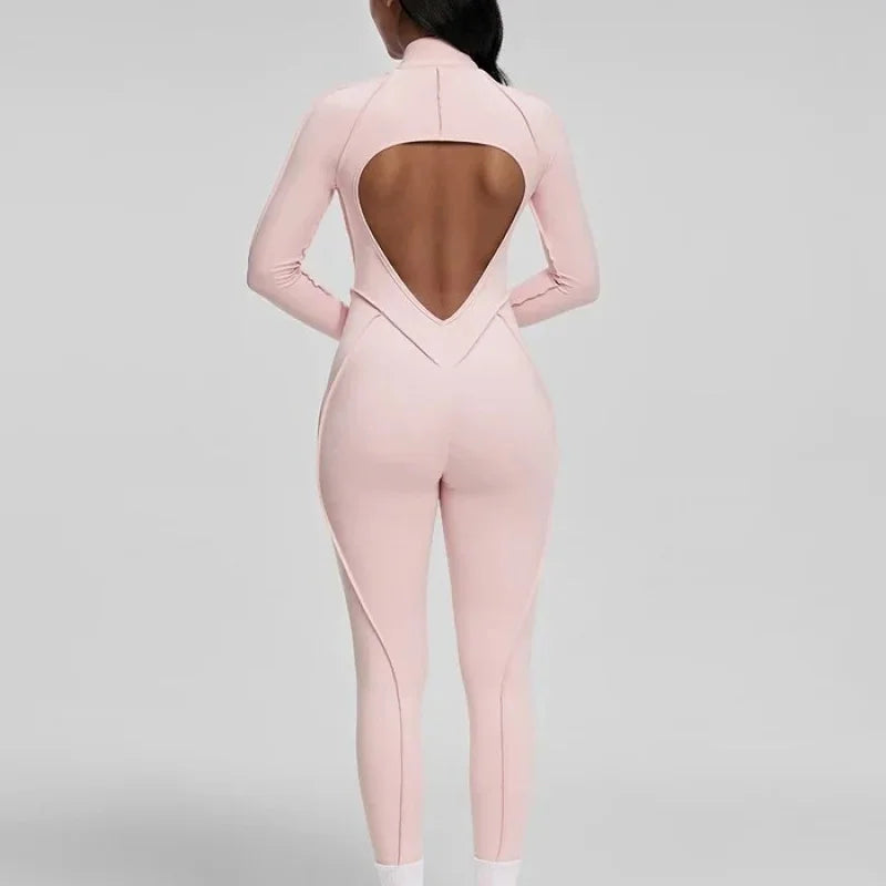 FUBEIKE Women's Jumpsuit Fashion Sexy Slim Fit Hollow Out Long Sleeve Zipper Sports Gym Workout Legging Bodysuits Activewear