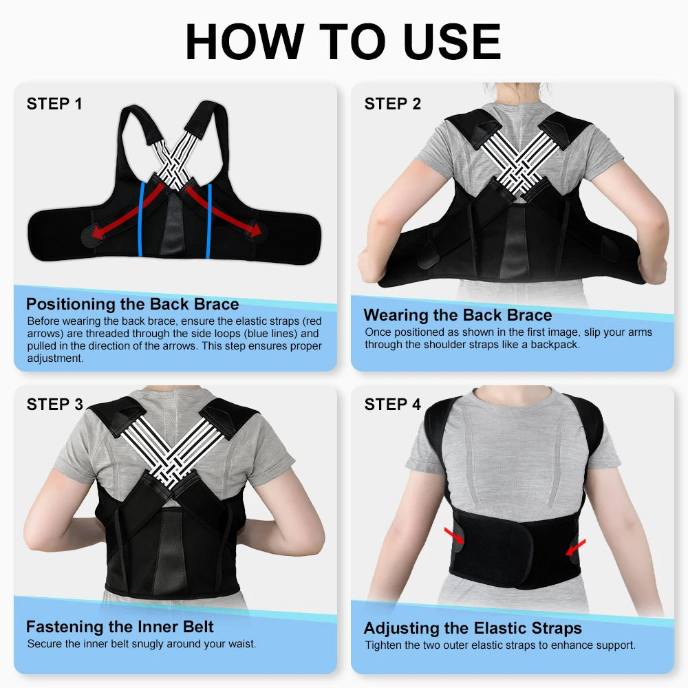 Back Brace & Posture Corrector - Adjustable Support for Upper & Lower Back