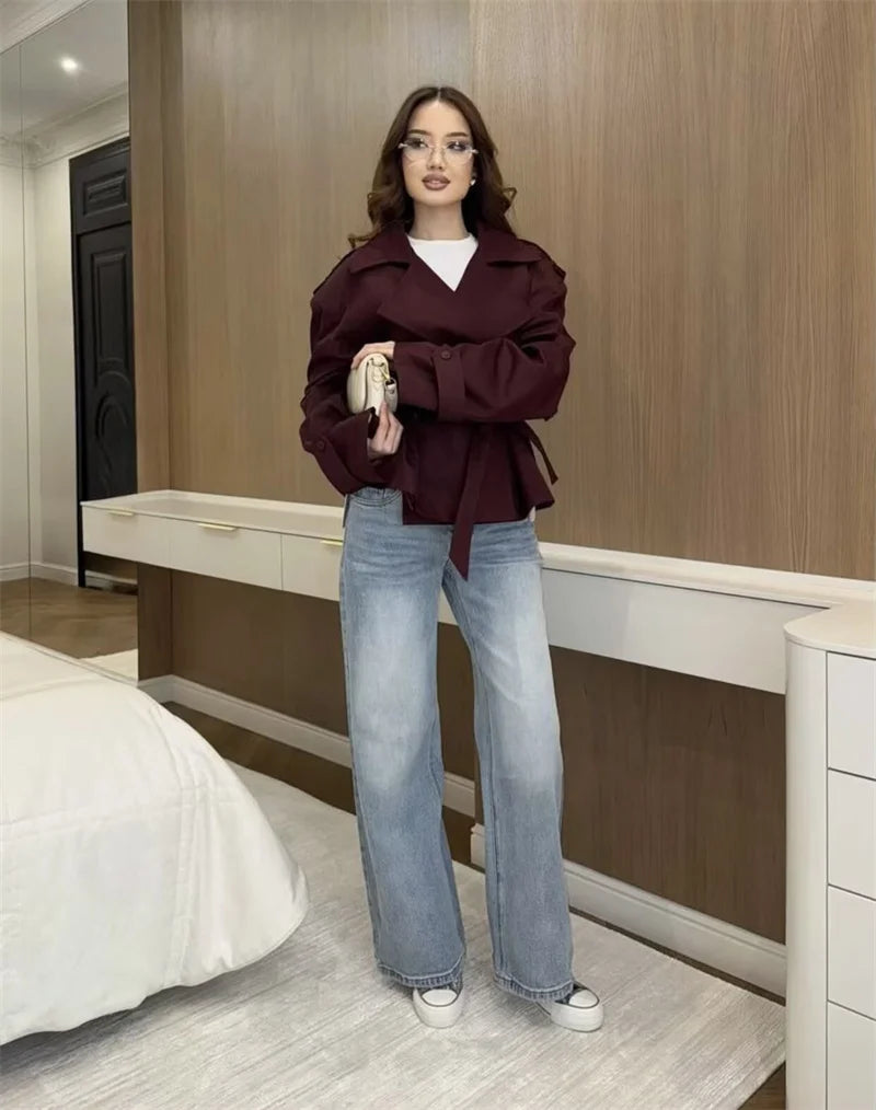 VYRENA Belted Trench Coat | Women's Lapel Button Short Jacket