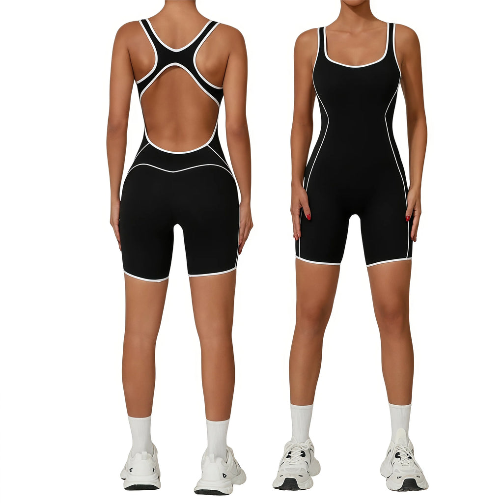 QS2603 Summer New Back Hollow Out Color Blocking Sports Jumpsuit Women With Chest Pad High-Intensity Yoga Fitness Jumpsuit
