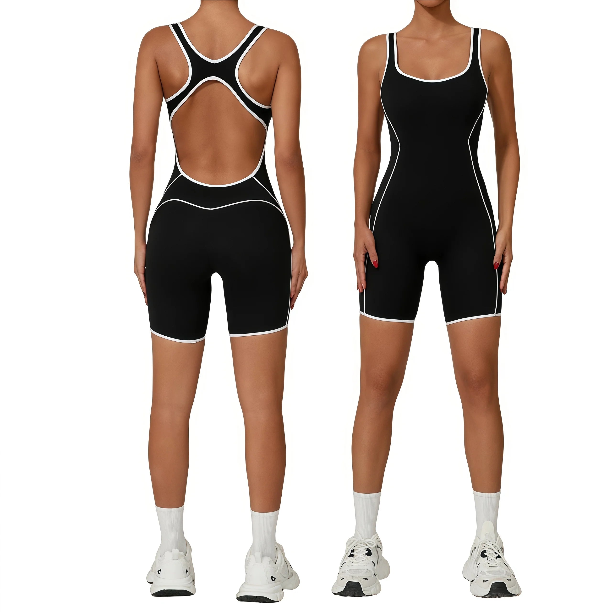 QS2603 Summer New Back Hollow Out Color Blocking Sports Jumpsuit Women With Chest Pad High-Intensity Yoga Fitness Jumpsuit
