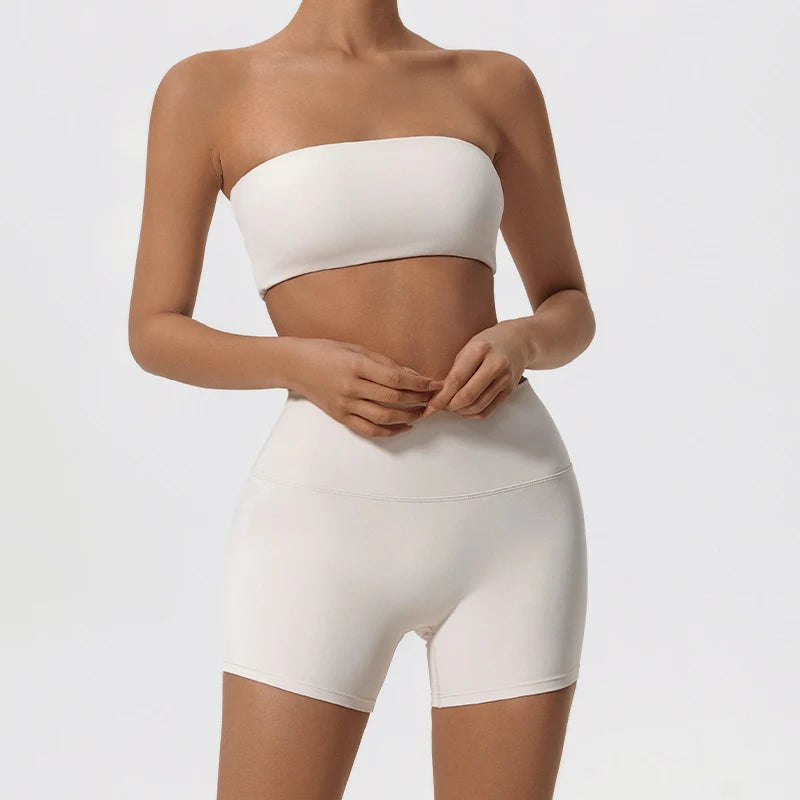 Women's 2-Piece Strapless Gym Set - Crop Top & High-Waist Shorts