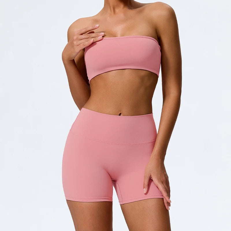 Women's 2-Piece Strapless Gym Set - Crop Top & High-Waist Shorts