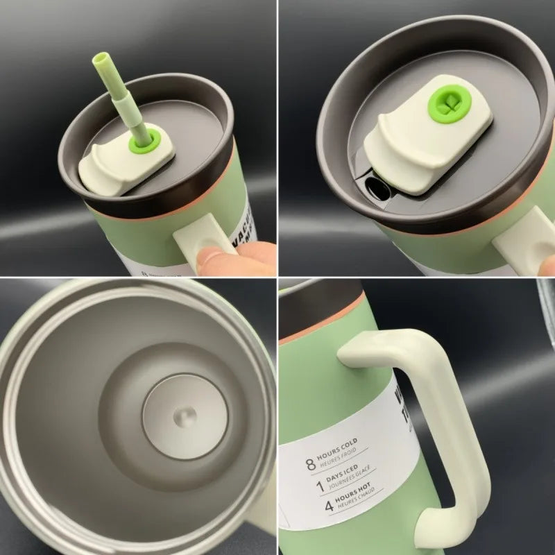 40oz Stainless Steel Tumbler with Handle Straw Double-Wall Vacuum Flask Thermos Car Travel Mug Hot And Cold Insulated Drinkware