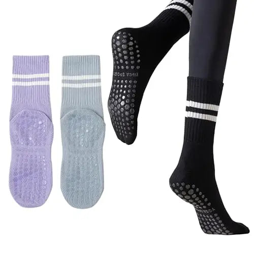 Women's Pilates Grip Socks 2 Pack - Non-Slip Yoga Socks for Barre & Gym
