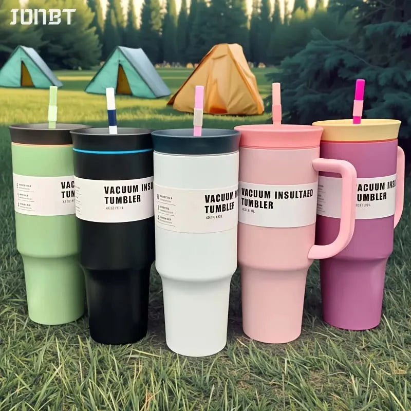40oz Stainless Steel Tumbler with Handle Straw Double-Wall Vacuum Flask Thermos Car Travel Mug Hot And Cold Insulated Drinkware