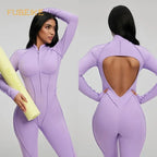FUBEIKE Women's Jumpsuit Fashion Sexy Slim Fit Hollow Out Long Sleeve Zipper Sports Gym Workout Legging Bodysuits Activewear