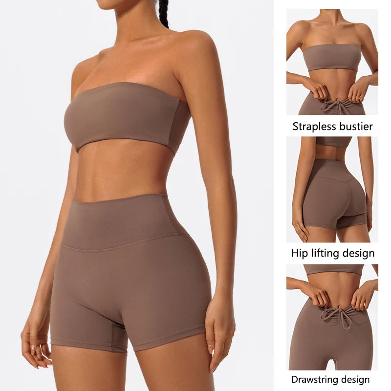 Women's 2-Piece Strapless Gym Set - Crop Top & High-Waist Shorts