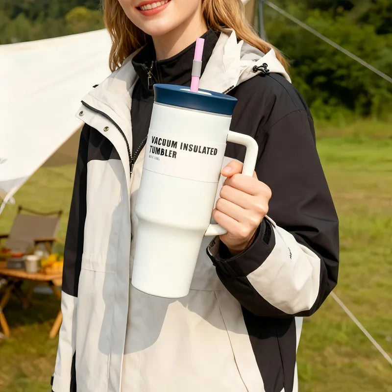 40oz Stainless Steel Tumbler with Handle Straw Double-Wall Vacuum Flask Thermos Car Travel Mug Hot And Cold Insulated Drinkware