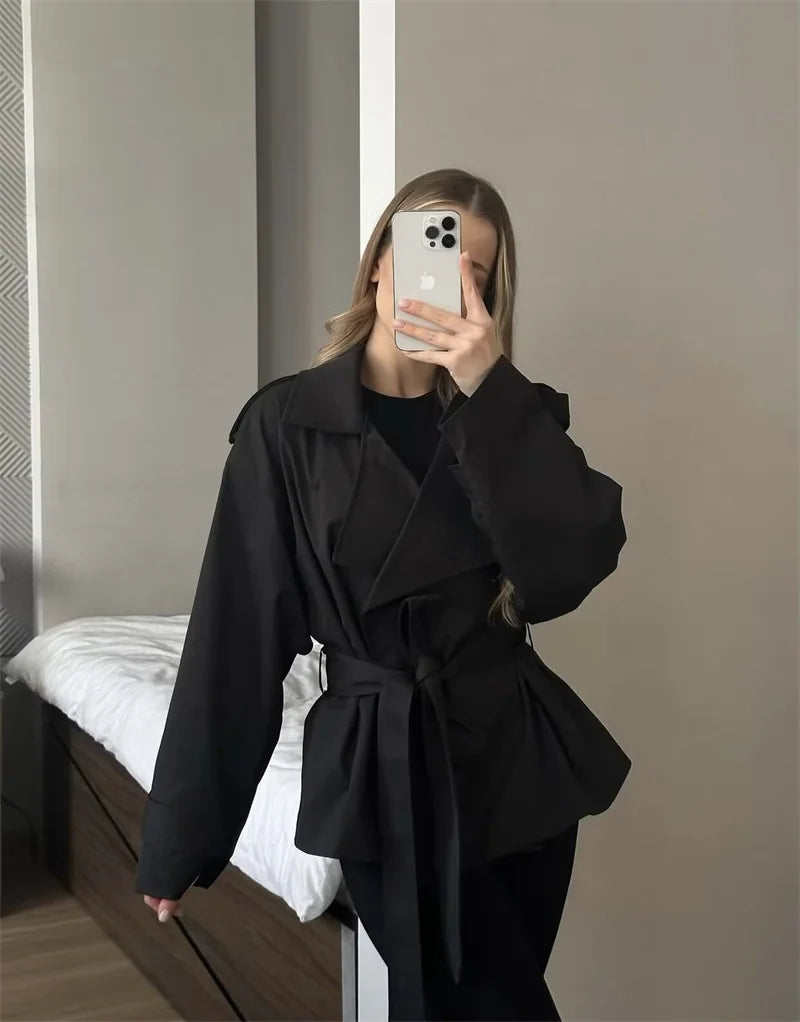 VYRENA Belted Trench Coat | Women's Lapel Button Short Jacket