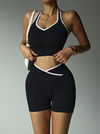Women's Halter Gym Set - 2-Piece Patchwork Yoga Suit & High-Waist Shorts