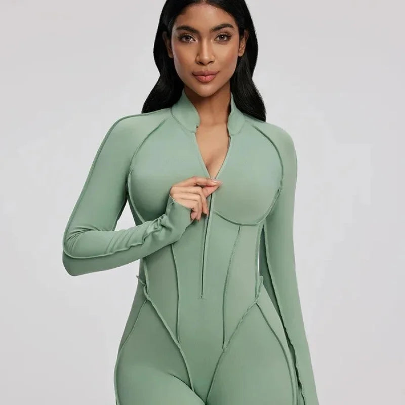 FUBEIKE Women's Jumpsuit Fashion Sexy Slim Fit Hollow Out Long Sleeve Zipper Sports Gym Workout Legging Bodysuits Activewear