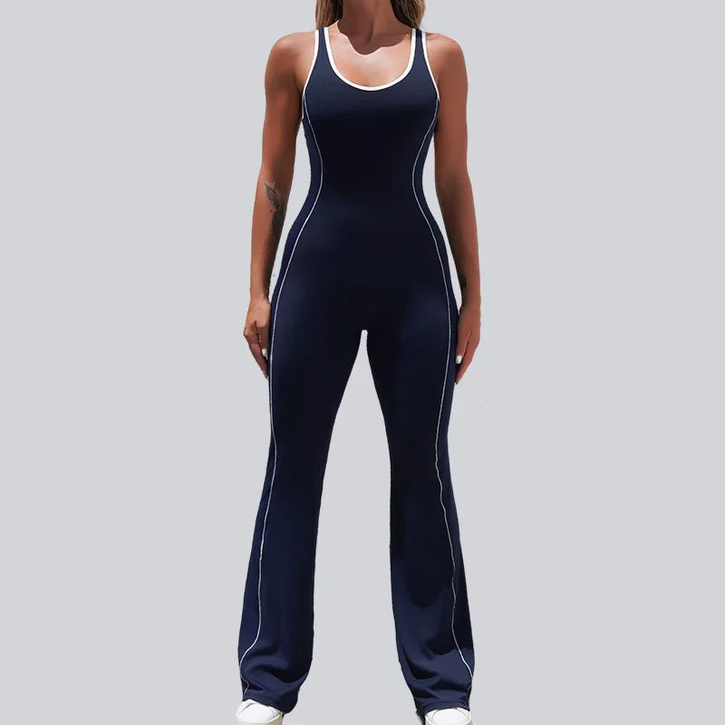 Seamless Yoga Jumpsuits for Women Beauty Backless Color-Blocked Jumpsuits Hip-Lifting Flared Naked Feel Gym Workout Bodysuits