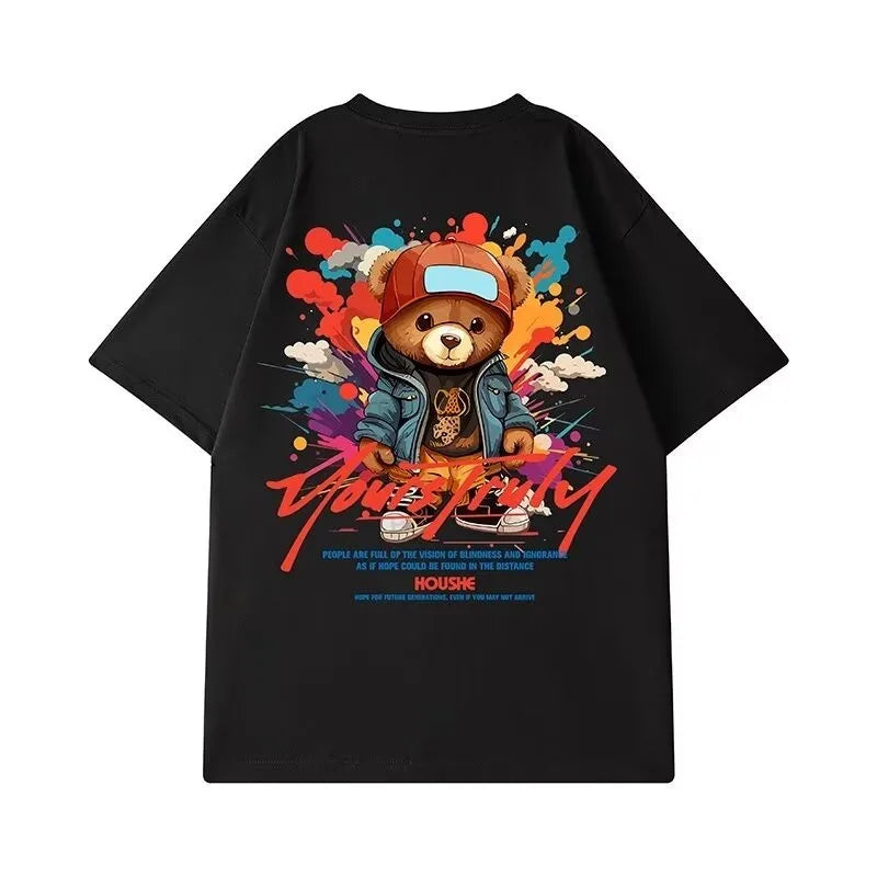 VYRENA Men's Oversized Tee — Bear Print Casual Gym T-Shirt