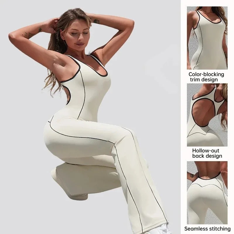 Seamless Yoga Jumpsuits for Women Beauty Backless Color-Blocked Jumpsuits Hip-Lifting Flared Naked Feel Gym Workout Bodysuits