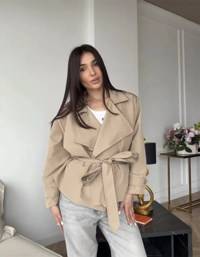 VYRENA Belted Trench Coat | Women's Lapel Button Short Jacket