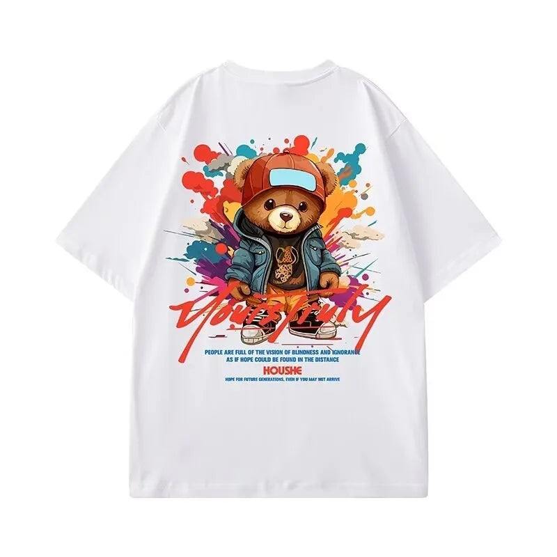 VYRENA Men's Oversized Tee — Bear Print Casual Gym T-Shirt