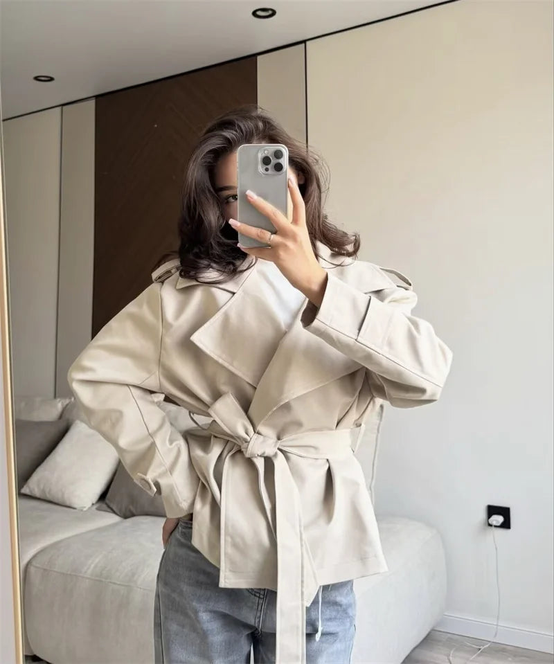 VYRENA Belted Trench Coat | Women's Lapel Button Short Jacket