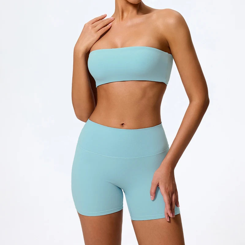 Women's 2-Piece Strapless Gym Set - Crop Top & High-Waist Shorts