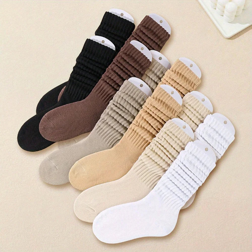 6 pairs of women's mid leg pleated socks, suitable for casual clothing, daily comfortable and soft texture