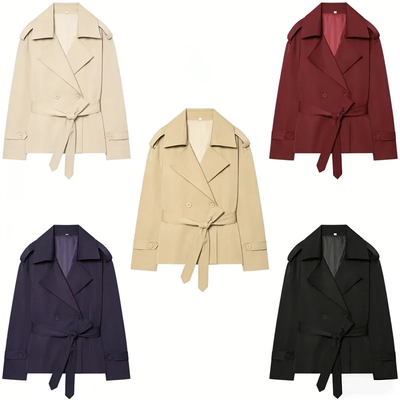 VYRENA Belted Trench Coat | Women's Lapel Button Short Jacket