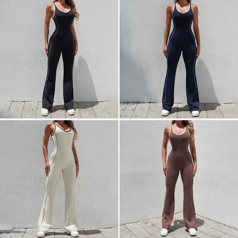 Seamless Yoga Jumpsuits for Women Beauty Backless Color-Blocked Jumpsuits Hip-Lifting Flared Naked Feel Gym Workout Bodysuits