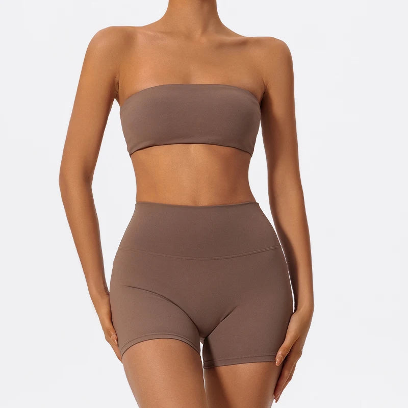 Women's 2-Piece Strapless Gym Set - Crop Top & High-Waist Shorts
