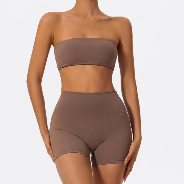 Women's 2-Piece Strapless Gym Set - Crop Top & High-Waist Shorts