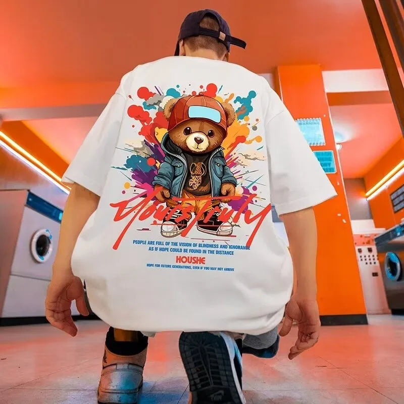 VYRENA Men's Oversized Tee — Bear Print Casual Gym T-Shirt
