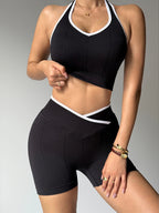 Women's Halter Gym Set - 2-Piece Patchwork Yoga Suit & High-Waist Shorts