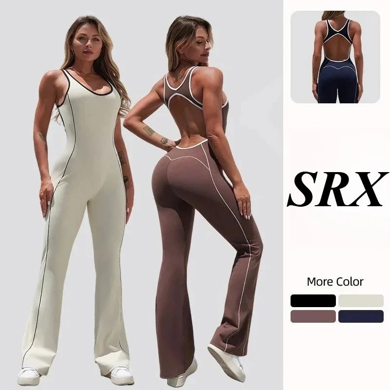 Seamless Yoga Jumpsuits for Women Beauty Backless Color-Blocked Jumpsuits Hip-Lifting Flared Naked Feel Gym Workout Bodysuits