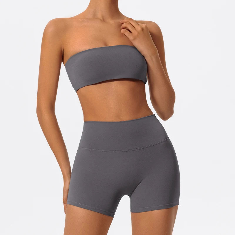 Women's 2-Piece Strapless Gym Set - Crop Top & High-Waist Shorts