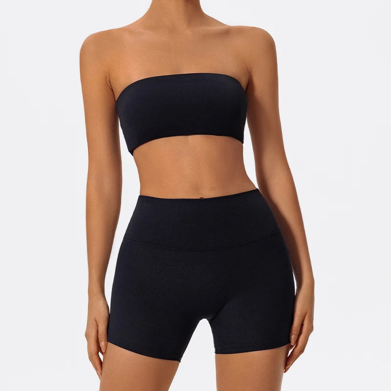 Women's 2-Piece Strapless Gym Set - Crop Top & High-Waist Shorts