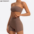 Women's 2-Piece Strapless Gym Set - Crop Top & High-Waist Shorts