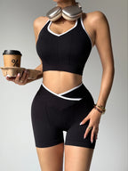 Women's Halter Gym Set - 2-Piece Patchwork Yoga Suit & High-Waist Shorts