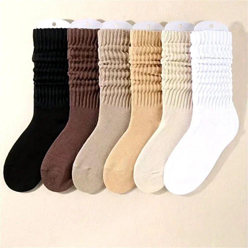 6 pairs of women's mid leg pleated socks, suitable for casual clothing, daily comfortable and soft texture