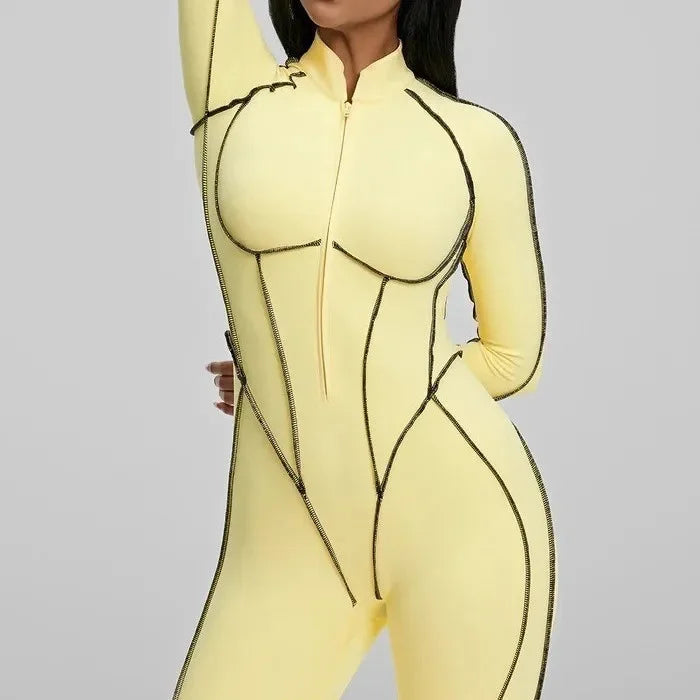 FUBEIKE Women's Jumpsuit Fashion Sexy Slim Fit Hollow Out Long Sleeve Zipper Sports Gym Workout Legging Bodysuits Activewear
