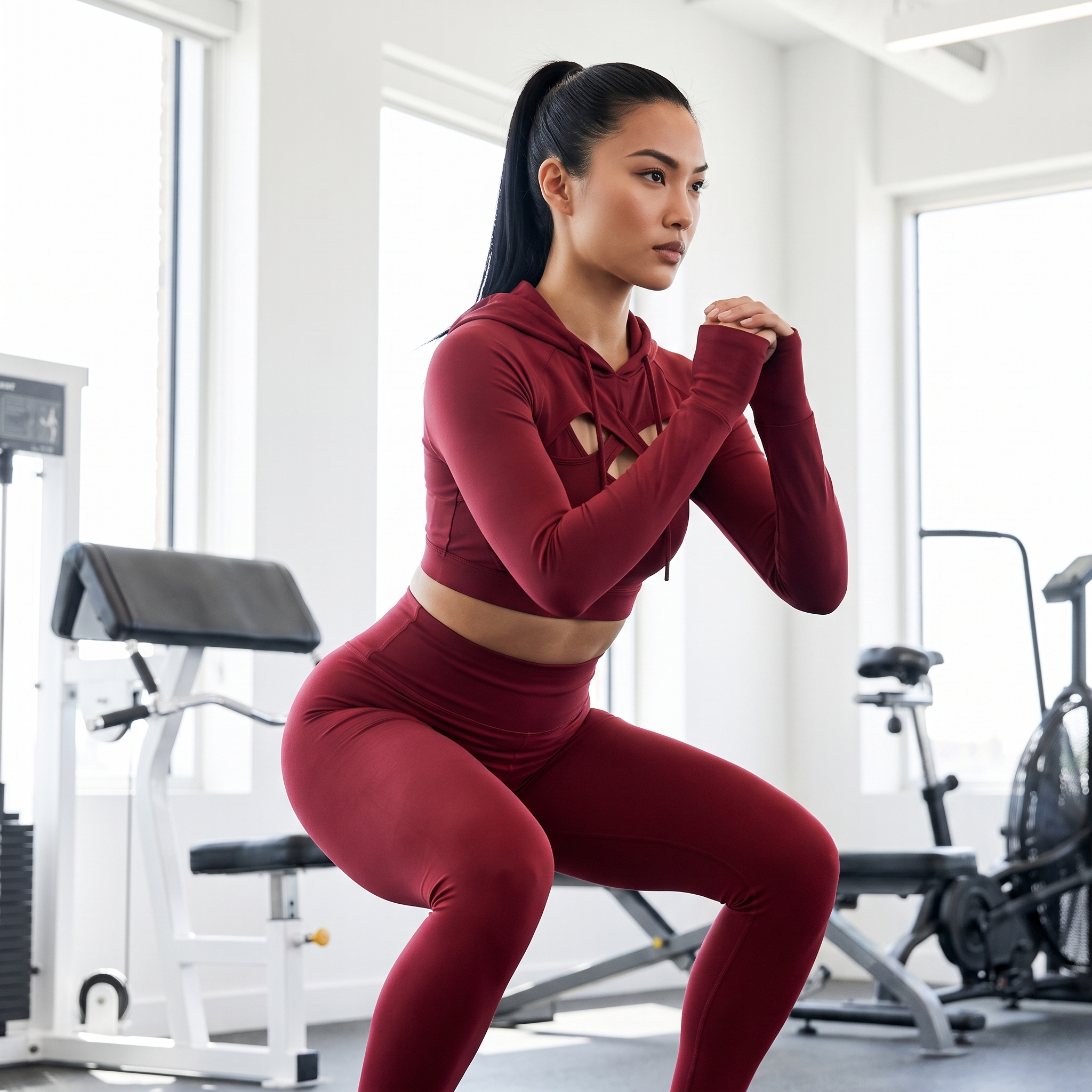 Zuri - Hooded Crop Set - Maroon Red - Power Squat Gym